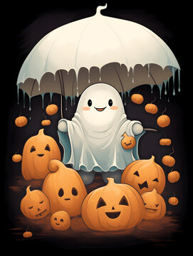 Cute and spoopy Halloween ghost with an umbrella, surrounded by pumpkins