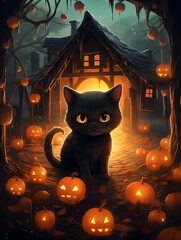 Cute halloween black cat with pumpkins in front of a witches cabin in the woods