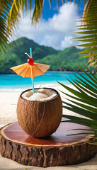 vertical image of a coconut used as a cocktail drink on a tropical beach background. Concept tropical vacation in luxury relaxation and fun