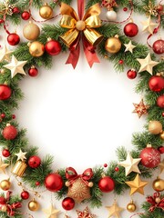 circular frame decorated with Christmas ornaments hanging from the top and sides