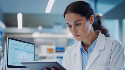 A doctor dressed in a white coat reviews patient data on a tablet in a well-lit, contemporary medical office setting. Generative AI