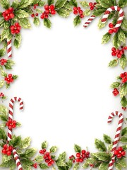 Design a rectangular Christmas frame with holly leaves, red berries, and candy canes along the edges