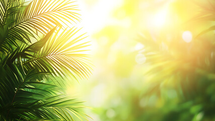 Obraz premium Shiny Sunlight in a Tropical Palm Garden – Ideal Banner for Holidays and Travel. Capture the essence of tropical paradise with a scene featuring shimmering sunlight filtering through lush palm trees. 