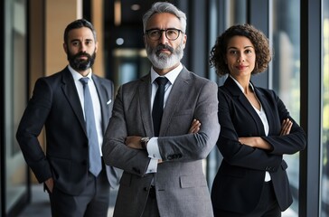 Confident business team posing with arms crossed in office corridor