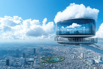 Viewing platform with panoramic cityscape and clouds over an urban landscape on a sunny day
