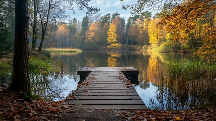Autumnal Lakeside Wooden Dock. Tranquil Forest Pond in Fall Colors.