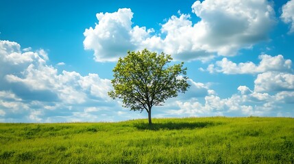 Obraz premium Lonely tree in a green field under a cloudy sky. Concept of nature, peace, and tranquility.