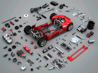 Dismantlement diagram of Race Car, the Race Car is in the middle of the picture, and Race Car parts are neatly placed around it, realistic, high-definition, high quality, 8k