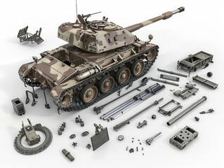 Dismantlement diagram, the object is in the middle of the picture, and the object parts are neatly placed around it, realistic, high-definition