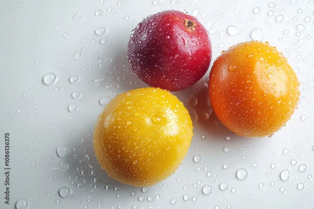 Poster three fruits including red apple and two citrus fruits are sparkling with water droplets, highlighti