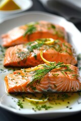Grilled salmon fillets garnished with lemon slices on a white plate with herbs