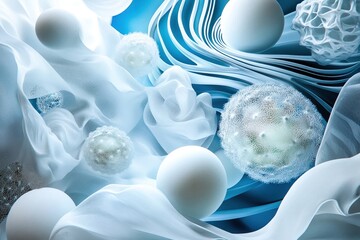 ethereal abstract composition with translucent flowing fabric, spherical elements, and intricate cellular textures in soft blue and white tones, evoking futuristic biological and scientific themes