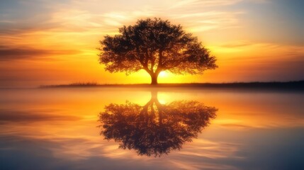 Obraz premium A lone tree stands in a field, silhouetted against a vibrant sunset, its reflection mirrored perfectly in a still body of water.
