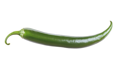 Fresh green jalapeno pepper displayed against a white background, showcasing its smooth skin and curved shape