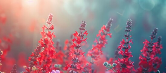 Red Salvia Flowers In Selective Focus With Blurred Colorful Background