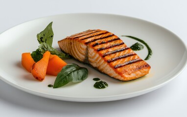 Grilled salmon fillet served with vegetables and herbs on a white plate in an elegant setting