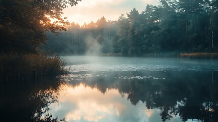 Misty Sunrise Lake in Forest