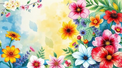 Floral arrangement of various colorful flowers in a watercolor style illustration, nature, painting