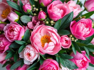Fototapeta premium Fresh bunch of pink peonies and roses with copy space on white background, roses, copy space