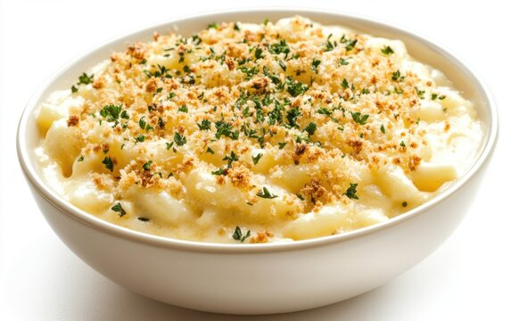 Creamy macaroni and cheese topped with breadcrumbs served in a white bowl