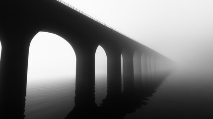 A long bridge with arches fades into the mist, creating a sense of mystery and intrigue.