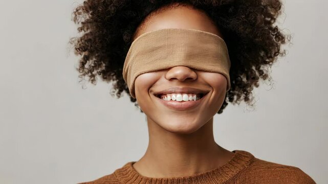Young woman blindfolded smiling on white background