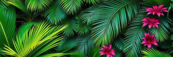 Lush green tropical palm leaves backdrop with vibrant foliage, vibrant, palm leaves