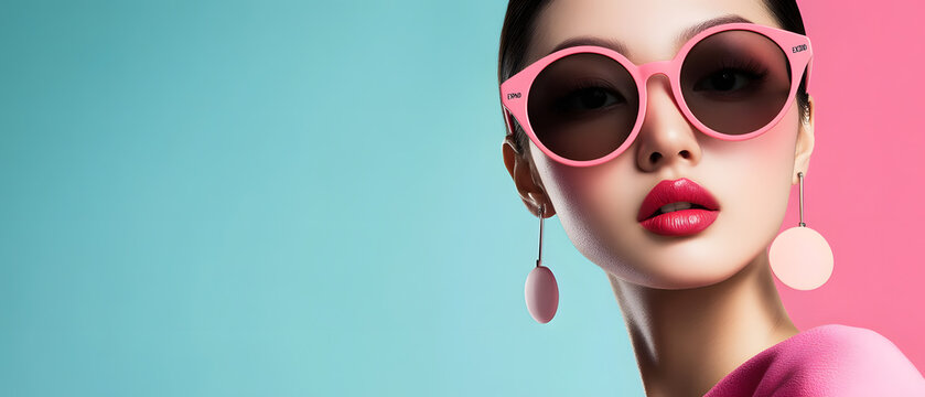 Stylish Woman in Pink Sunglasses and Earrings Posing Against a Pastel Background