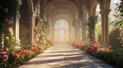 Elegant walkway leading to a grand church entrance, adorned with flowers and decorative arches, bathed in soft natural light