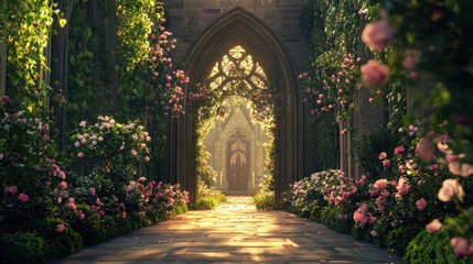Fototapeta premium Elegant walkway leading to a grand church entrance, adorned with flowers and decorative arches, bathed in soft natural light