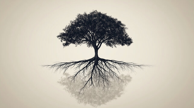 A detailed drawing of a tree, its roots spreading wide and deep, reflected in a calm surface below