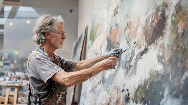 A senior artist passionately paints on a large canvas in a well lit studio space