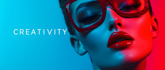 Womans Face in Red and Blue Light, Creative Portrait Photography