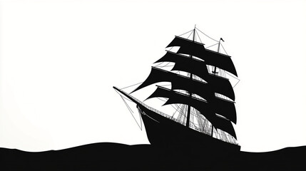 A black and white illustration of a large sailing vessel on a calm sea