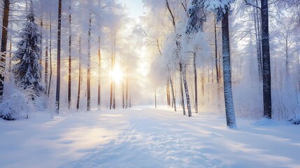 Obraz premium Winter wonderland forest path sunrise