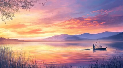 Serene fishing scene at sunrise with calm waters, a lone fisherman casting a net against a vibrant sky, surrounded by peaceful nature