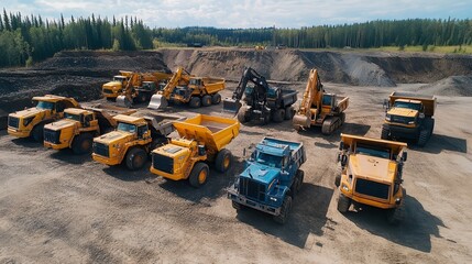 Group of yellow heavy machinery and dump trucks arranged at open pit mining site with forest background, industrial construction equipment