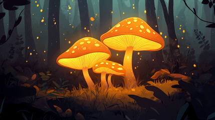Fototapeta premium Orange mushrooms with dewdrops glowing in a mystical forest. Mystical Forest Glow. Illustration