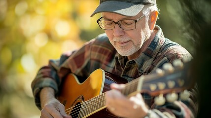 An elderly man wearing glasses and a cap plays guitar outdoors in a serene autumn setting
