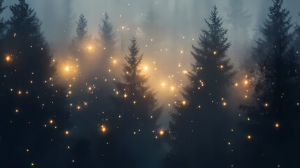 Naklejka premium Mystical forest scene illuminated by magical glowing lights and mist. Mystical Forest Glow. Illustration
