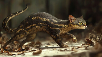 Obraz premium A unique creature with the body of a snake and legs of a cat gracefully slithers through fallen leaves in a forest setting
