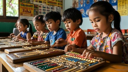 Group of children engaging in a math lesson using abacuses in a colorful classroom setting