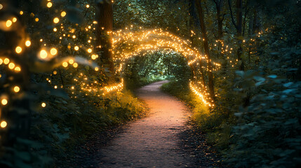 Enchanting forest path illuminated by mystical glowing lights picture. Mystical Forest Glow. Illustration