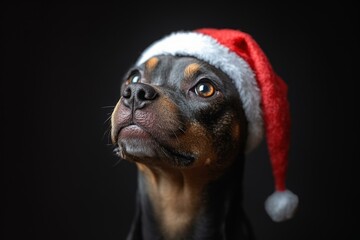  Dog wearing Santa hat on black background, festive holiday theme with focus on curious expression and texture.