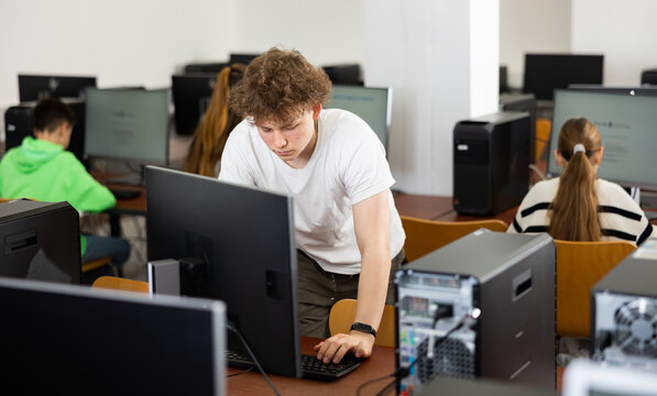 Teenager boy using computer during computer sciene lesson in school.