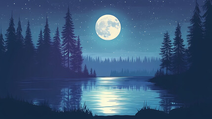 Naklejka premium A serene moonlit night over a calm lake in a forest. the full moon shines brightly in the dark sky, casting a soft glow on the water and trees. Mystical Forest Glow. Illustration