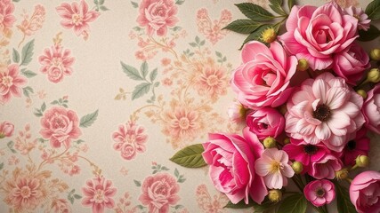 Vintage wallpaper featuring a delicate floral pattern in muted tones of pink and green, perfect for adding a touch of nostalgia to any space, texture, design