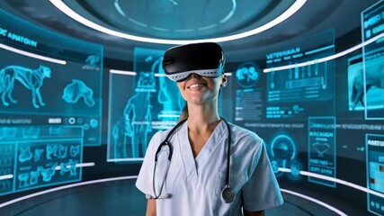 A person in a virtual reality headset engaged in veterinary education.