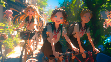 Fototapeta premium Anime friends riding bikes illustration. Clear skies and glowing sunlight, children cycling home after school, lively wallpaper backdrop