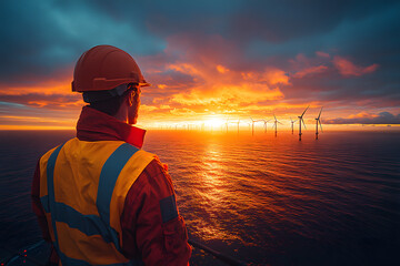 A young engineer wearing safety gear, including a hard hat and reflective vest, gazes at an offshore wind farm during a vivid sunset, highlighting renewable energy and industrial progress.
